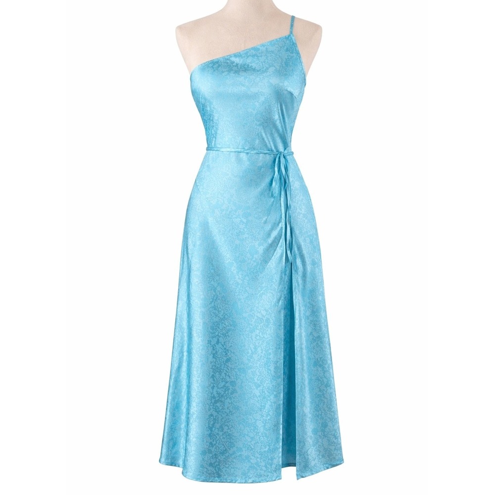 One Shoulder Satin Jacquard Midi Dress Womens L Blue Floral Lulu's NWT Party